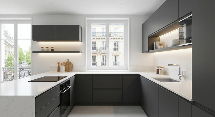 Un artisan en tenue de travail bleue et blanche avec casque installe une cr&eacute;dence en bois dans une cuisine moderne