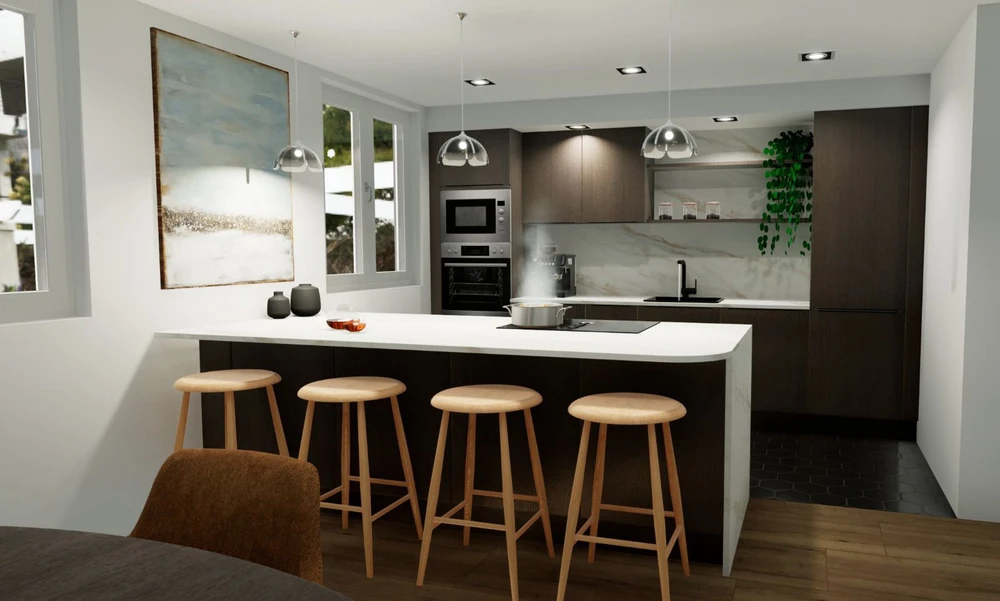 Cuisine moderne ouverte avec îlot central blanc et tabourets en bois clair, plan de travail en quartz, crédence en marbre