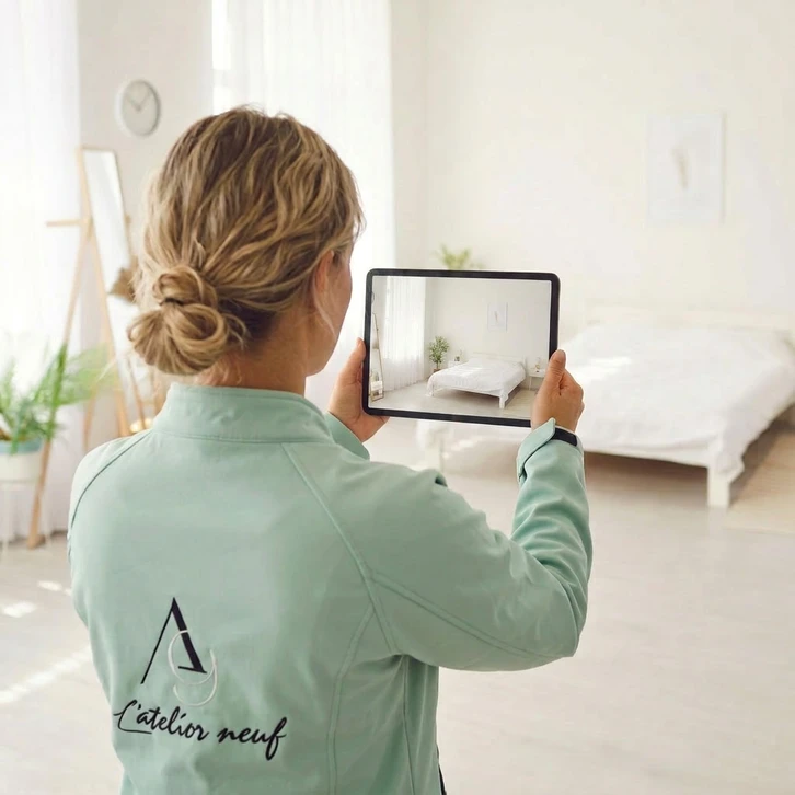 Homme mûr en salopette et femme consultant une tablette dans un atelier de menuiserie