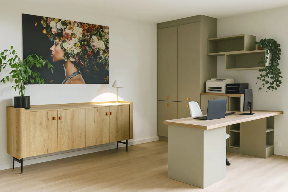 Dressing-room luxueux avec rangements sur mesure en bois, éclairage LED intégré au plafond, sol parquet massif