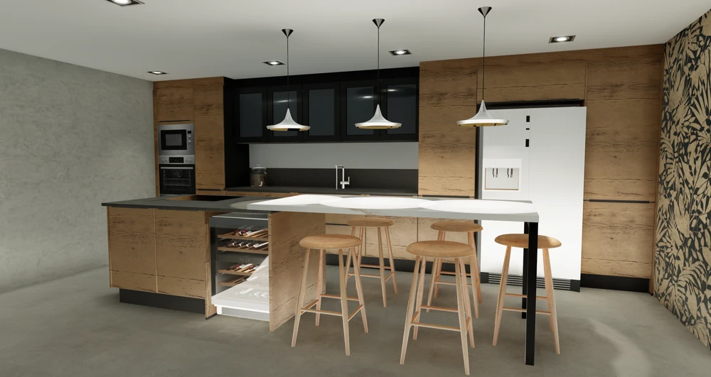 Cuisine moderne en mezzanine, façades laquées crème mat, poignées laiton brossé, plan de travail marbre blanc veiné