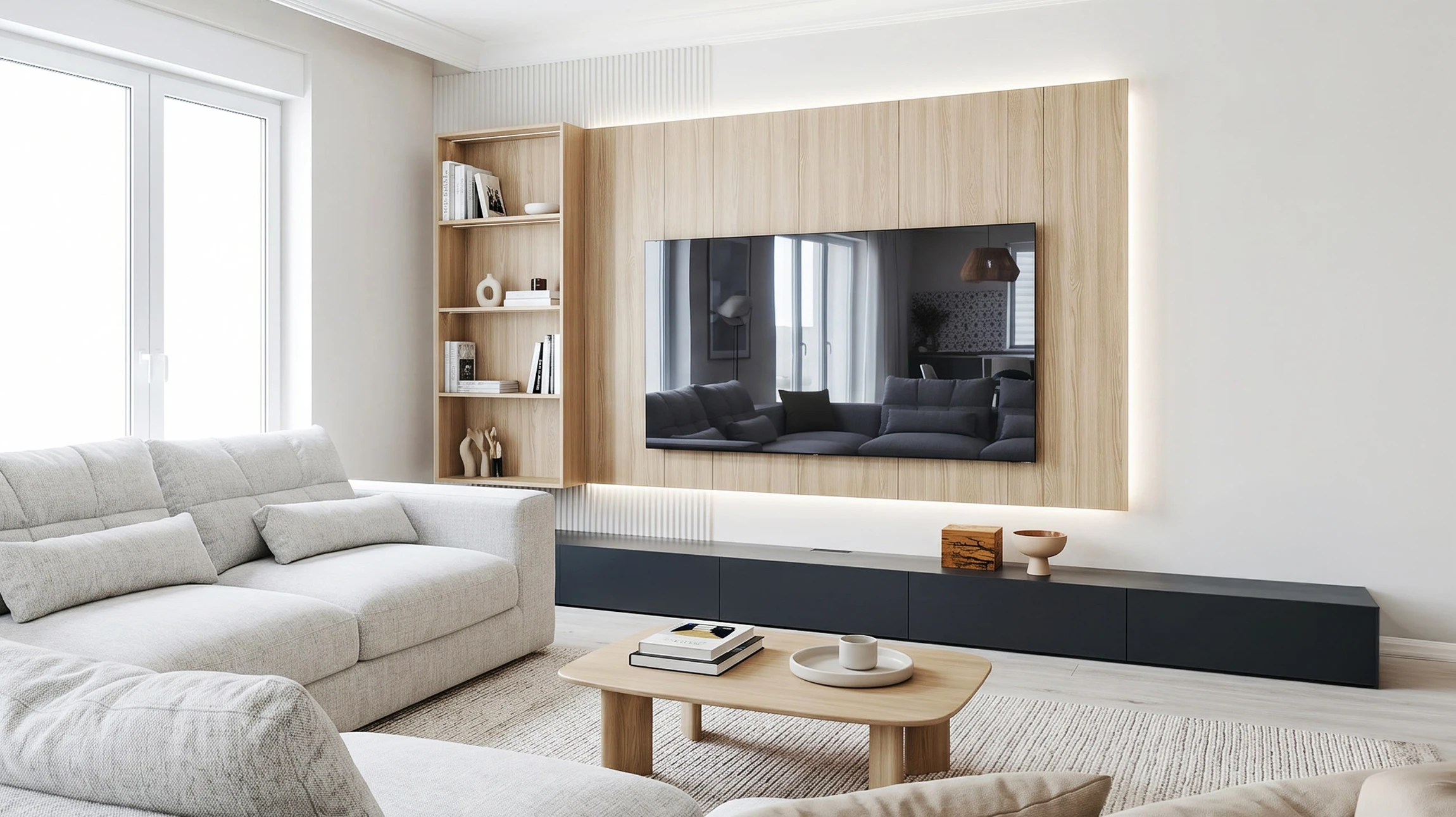 Armoire pour la télévision dans la salle vide moderne avec fauteuil et derrière le mur en bois