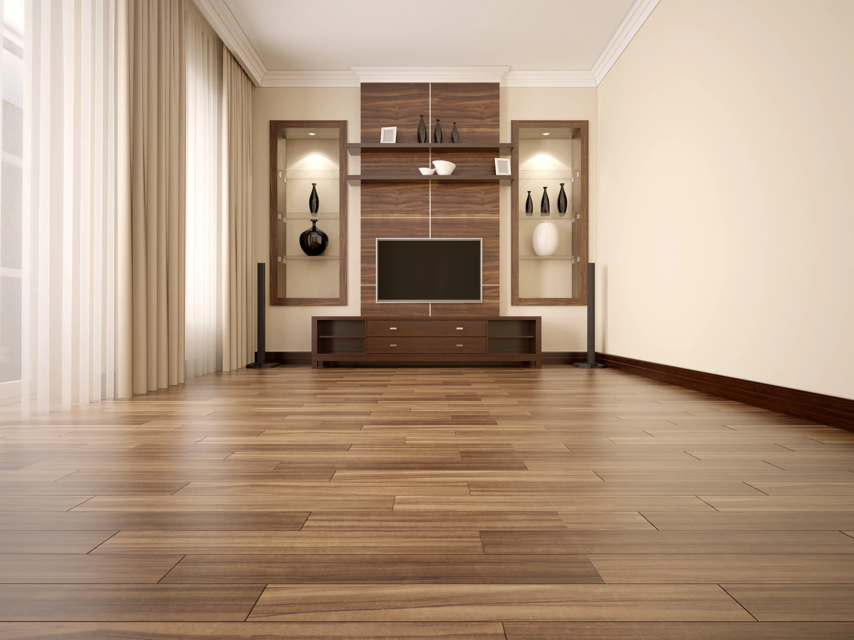 Salon moderne avec meuble TV intégré en bois foncé, étagères illuminées contenant objets décoratifs, écran plat encastré