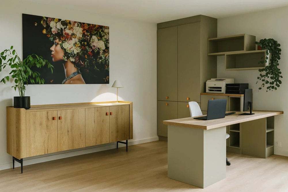 Bureau professionnel moderne avec mobilier bicolore : buffet en chêne naturel sur pieds métal noir et ensemble modulaire vert olive mat