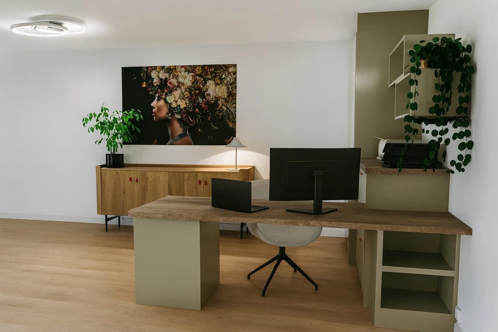 Bureau professionnel moderne avec un grand bureau en bois massif sur pieds métalliques vert sauge, équipé d'un moniteur PC et d'un laptop