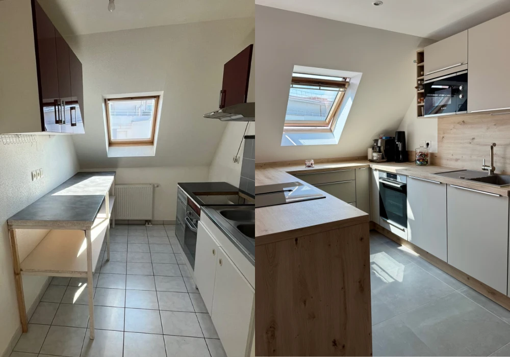 Cuisine en U moderne dans un appartement sous combles, lumière naturelle par fenêtre de toit Velux