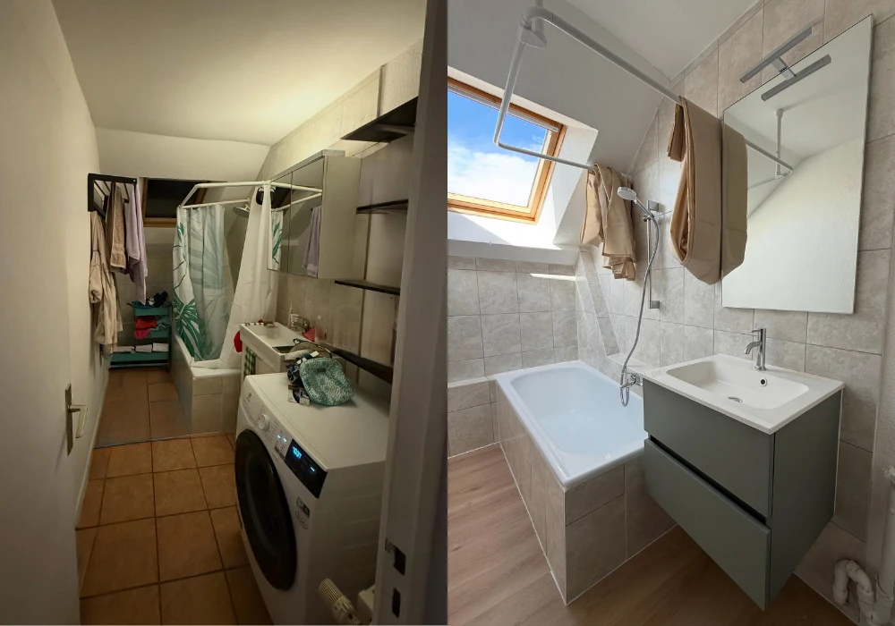Cuisine en U moderne dans un appartement sous combles, lumière naturelle par fenêtre de toit Velux