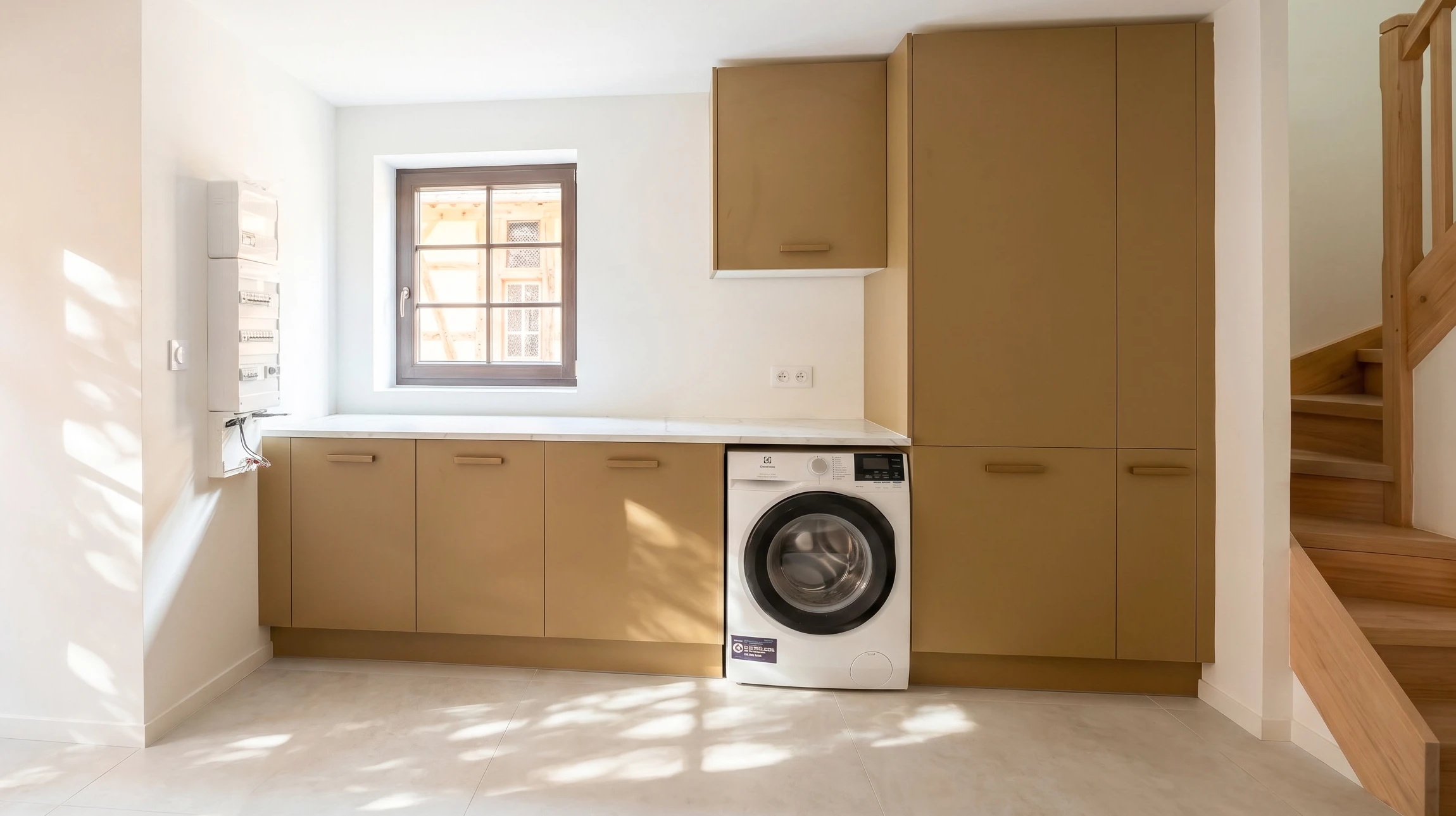 Salon moderne avec meuble TV intégré en bois foncé, étagères illuminées contenant objets décoratifs, écran plat encastré